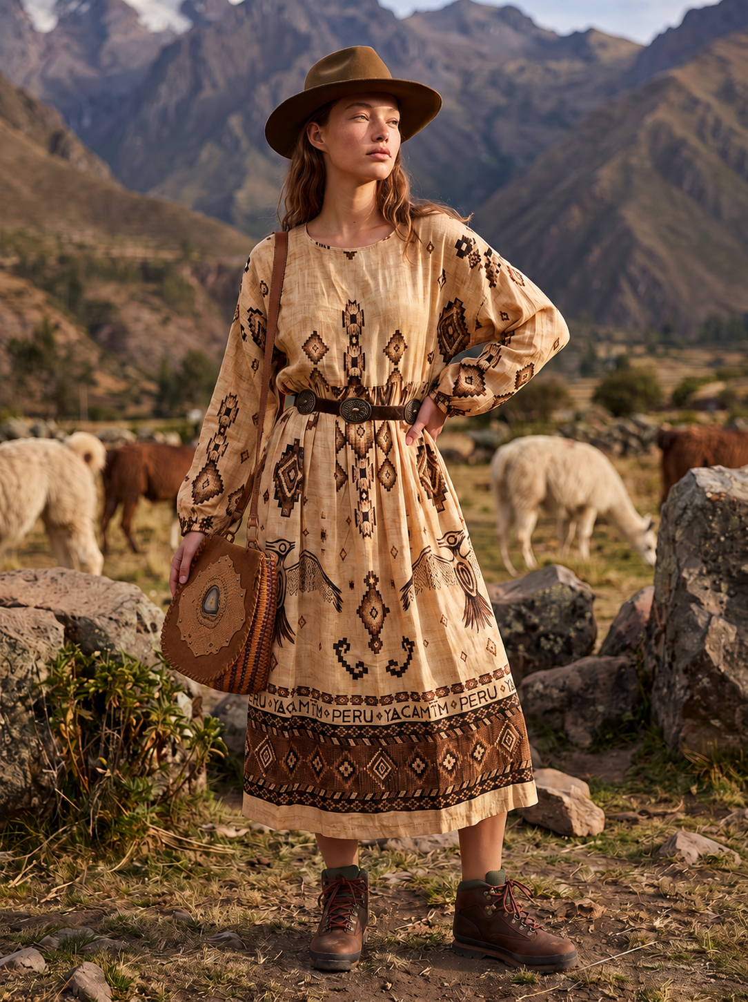 Vestido Midi Amplo Bege Estampado Coleção Peru Yacamim K1
