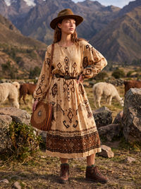 Vestido Midi Amplo Bege Estampado Coleção Peru Yacamim K1