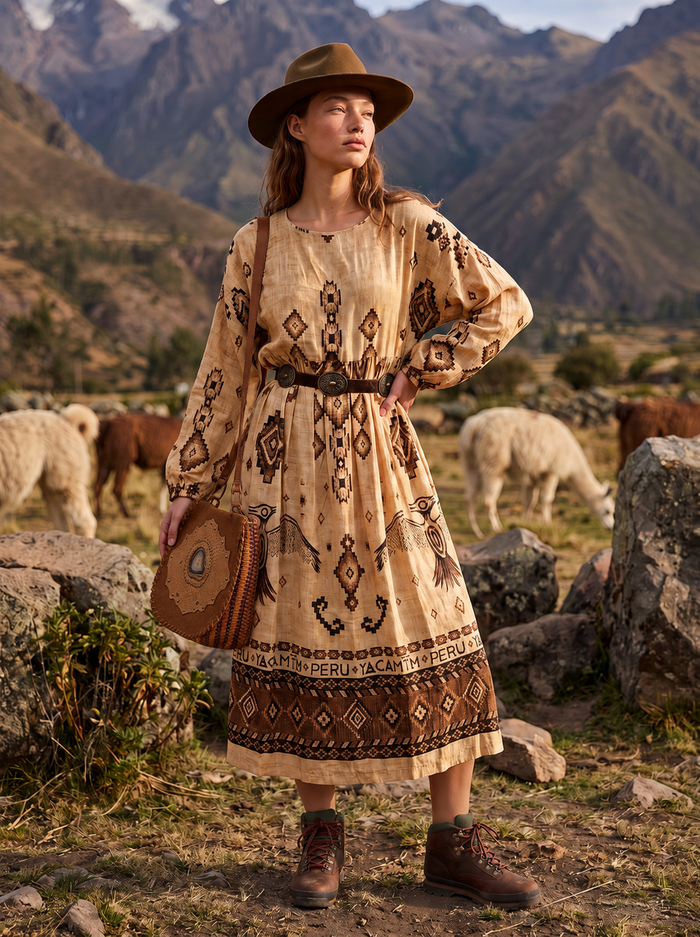 Vestido Midi Amplo Bege Estampado Coleção Peru Yacamim K1