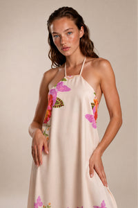 Vestido Longo Frente Única Bege Floral Com Borboletas Yacamim E6