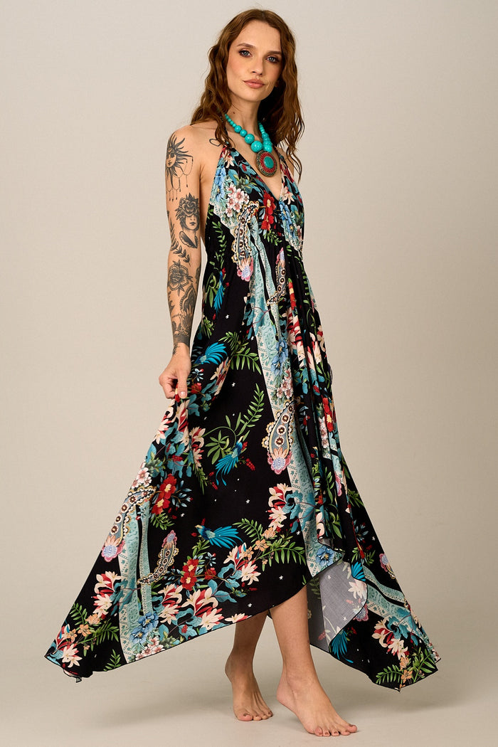 Vestido Longo Frente Única Preto Estampa Paisley Yacamim D27