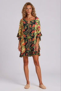 Kaftan Curto Com Babados Preto E Verde Patchwork Yacamim J2