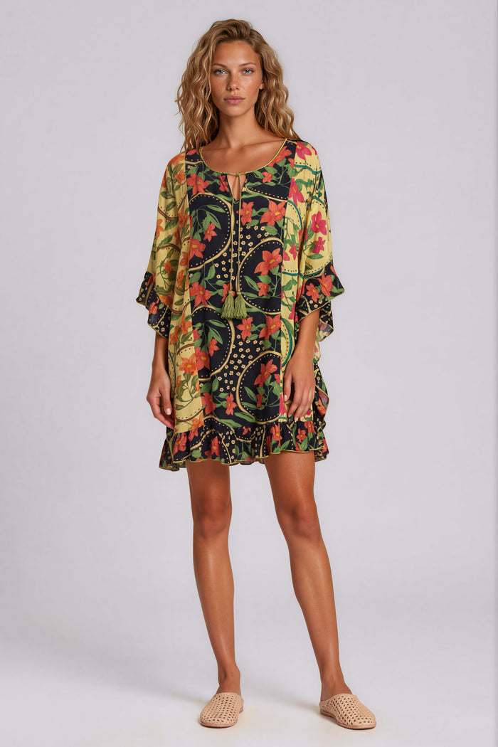 Kaftan Curto Com Babados Preto E Verde Patchwork Yacamim J2