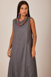Vestido Curto De Linho Regata Cinza Escuro Yacamim E8 Liso