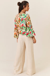 Calça Pantalona De Viscolinho Com Bolsos Bege Yacamim T7