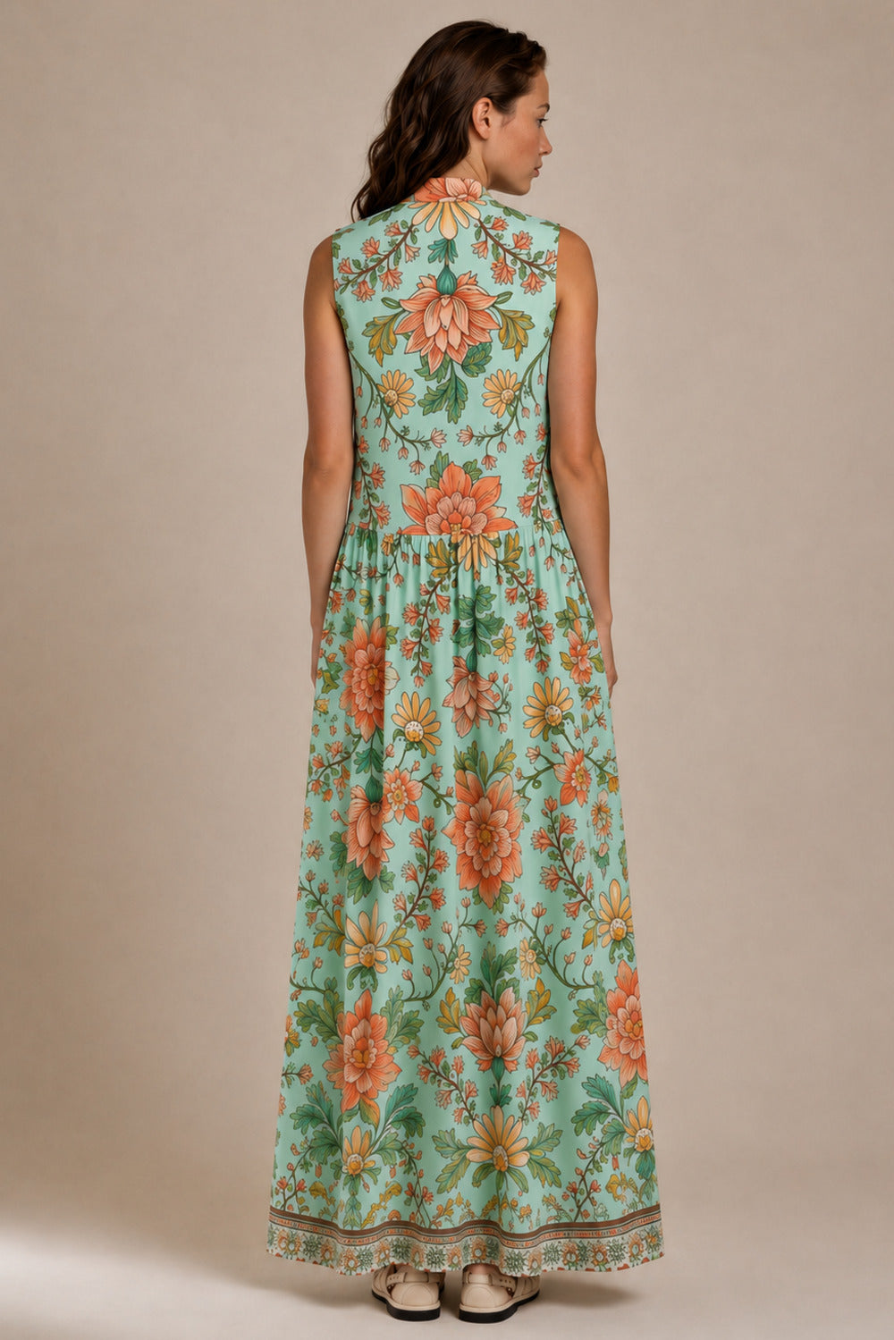 Vestido Longo Sem Mangas Com Botões Verde Pistache Floral yacamim D11