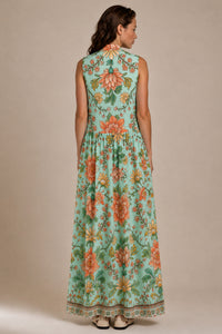 Vestido Longo Sem Mangas Com Botões Verde Pistache Floral yacamim D11