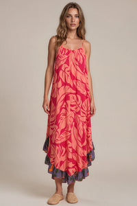 Vestido Midi De Alças Reguláveis Rosa Estampado Patchwork Yacamim C14