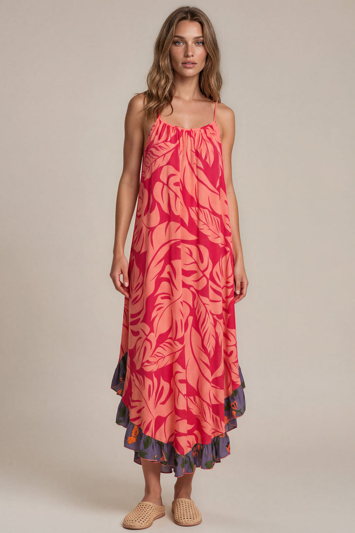 Vestido Midi De Alças Reguláveis Rosa Estampado Patchwork Yacamim C14