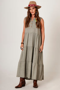 Vestido Longo Regata 3 Babados De Linho Verde Yacamim D1 Liso