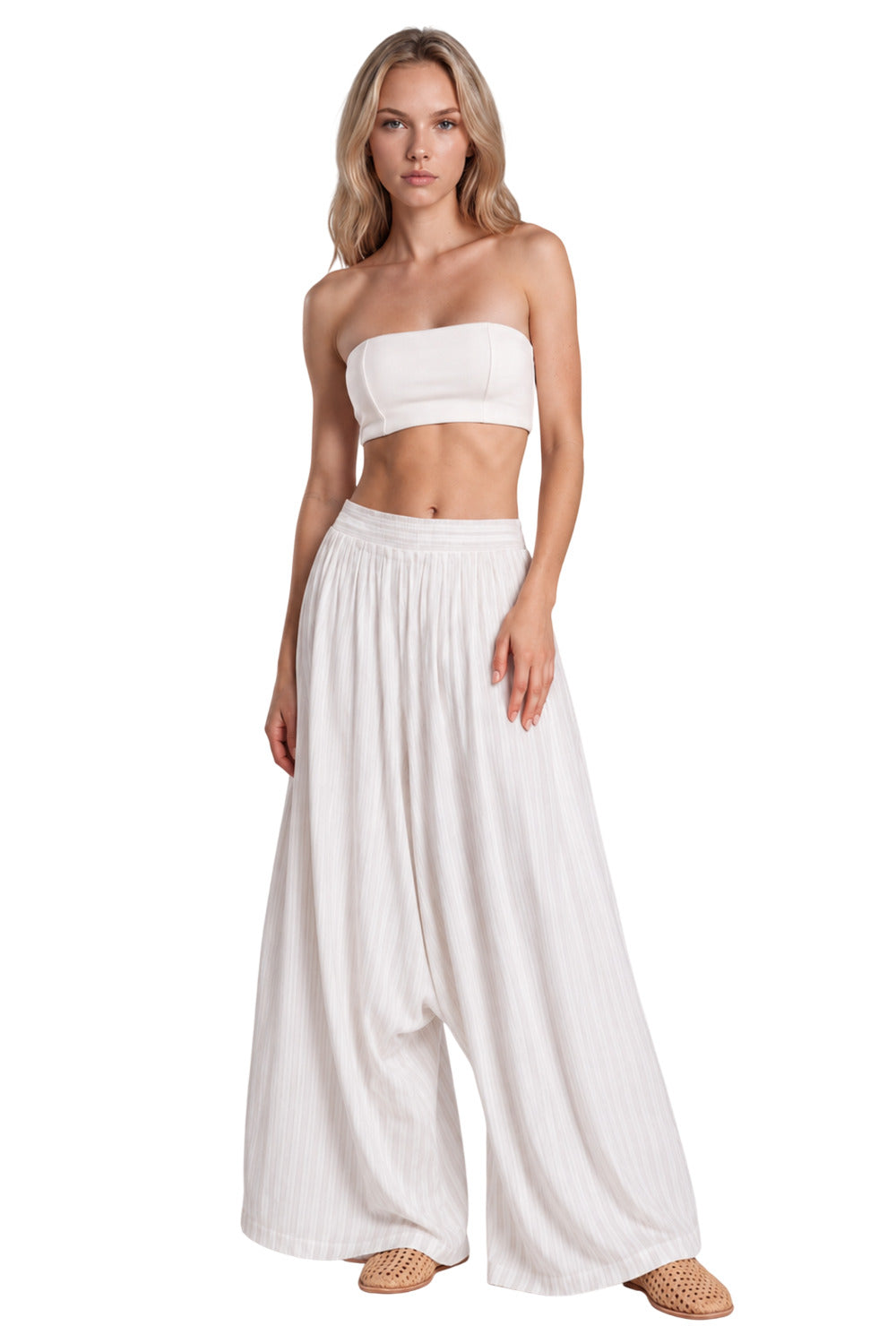 Calça Saruel Com Bolsos Bege Listrada Yacamim I10
