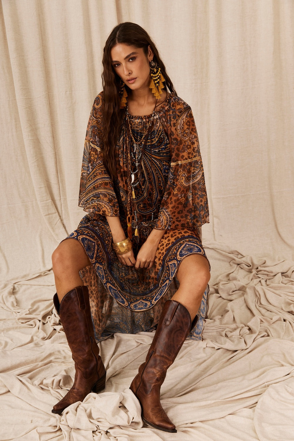 Vestido Longo De Tule Ciganinha Animal Print Paisley Yacamim E3
