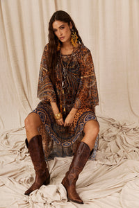 Vestido Longo De Tule Ciganinha Animal Print Paisley Yacamim E3