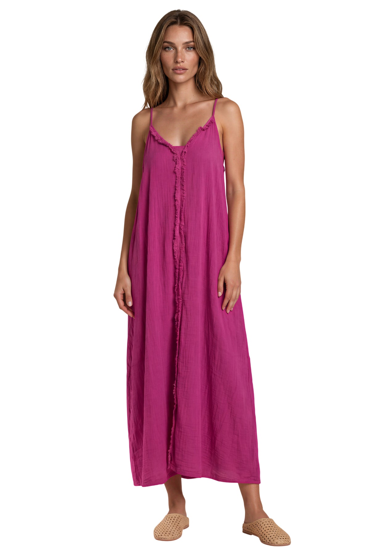Vestido Longo De Alças Franjinhas Fúcsia Yacamim C3