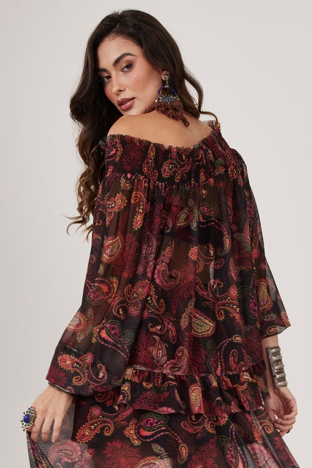 Bata De Tule Ciganinha Preta Estampa Cashmere Yacamim A12