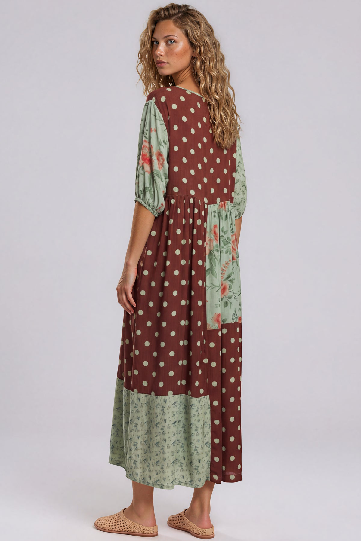 Vestido Midi Com Recortes Verde E Marrom Patchwork De Poá Yacamim E14