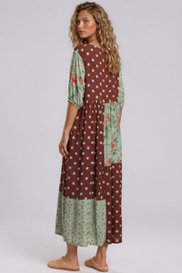 Vestido Midi Com Recortes Verde E Marrom Patchwork De Poá Yacamim E14
