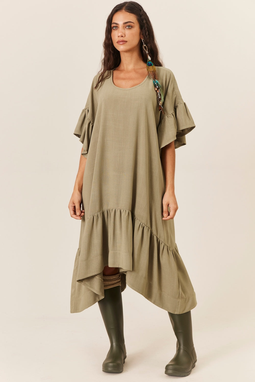 Vestido Midi De Viscolinho Com Pontas Verde Oliva Yacamim E23