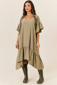 Vestido Midi De Viscolinho Com Pontas Verde Oliva Yacamim E23