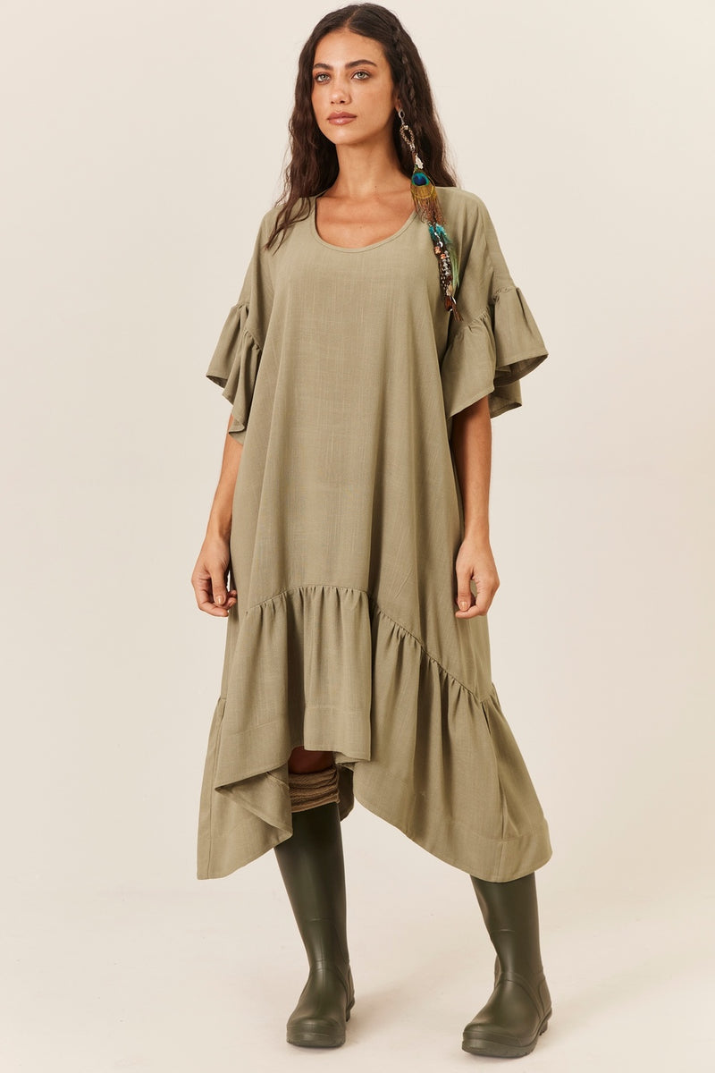 Vestido Midi De Viscolinho Com Pontas Verde Oliva Yacamim E23
