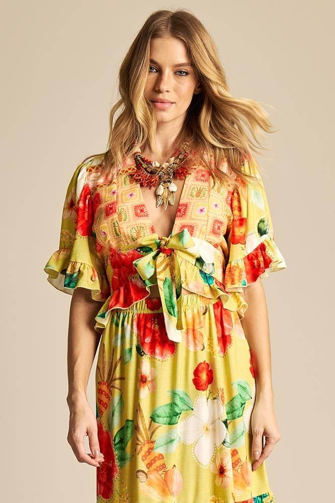 Cropped Com Amarração Na Frente E Lastex Amarelo Estampado Yacamim A8