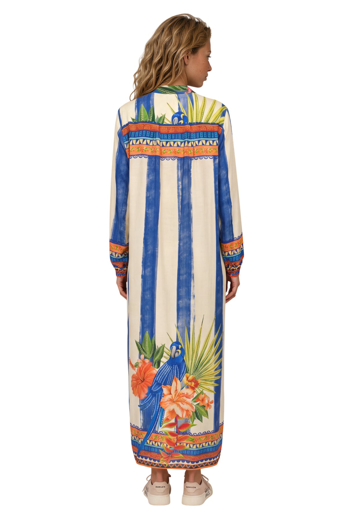 Chemise Longa Ampla Azul E Bege Listrado Estampado Manacá Yacamim M1