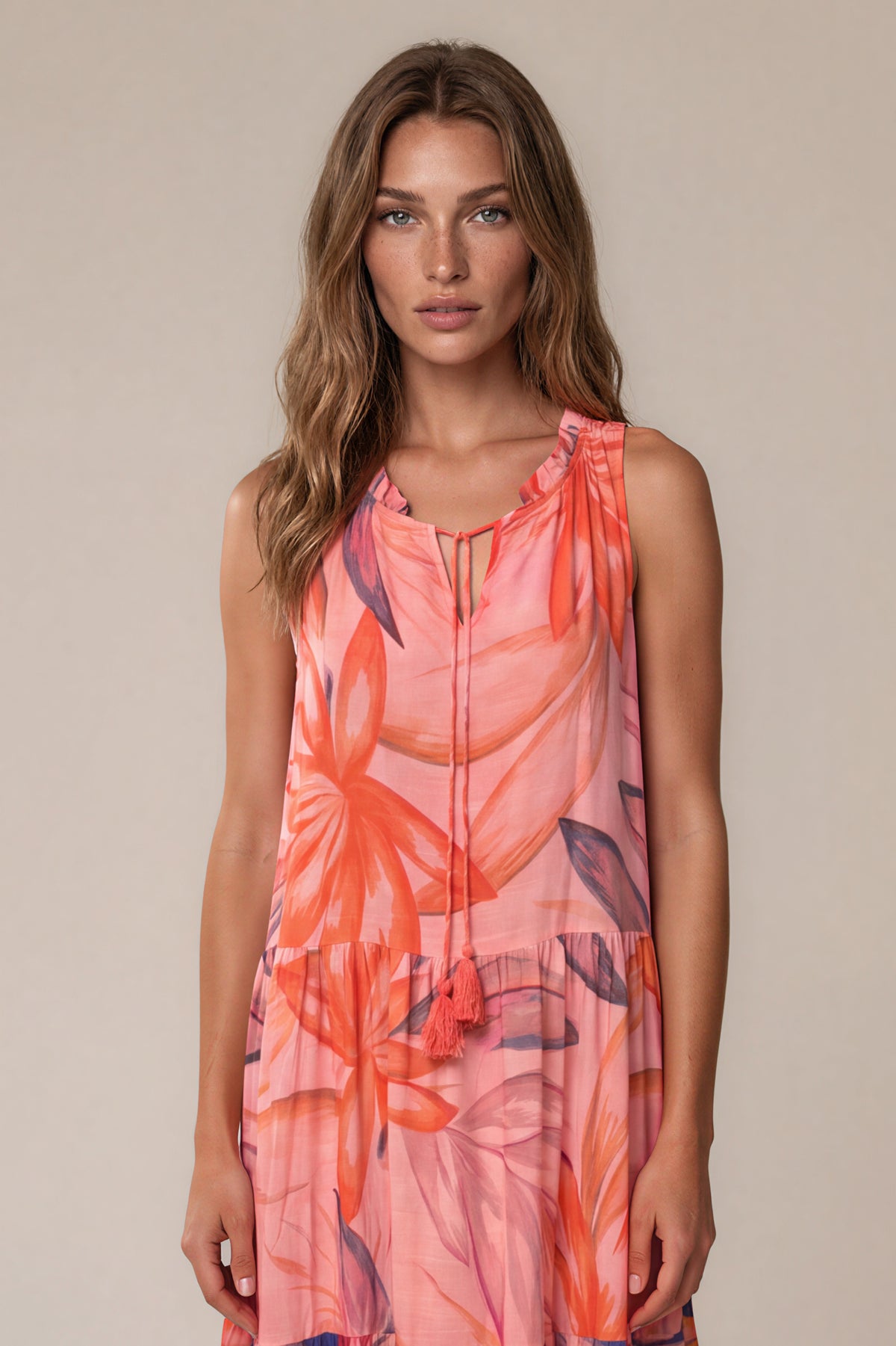 Vestido Longo Regata Rosa Estampado Patchwork Yacamim C5