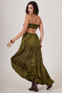 Vestido Longo De Alças Verde Musgo Estampa  Paisley Yacamim C15
