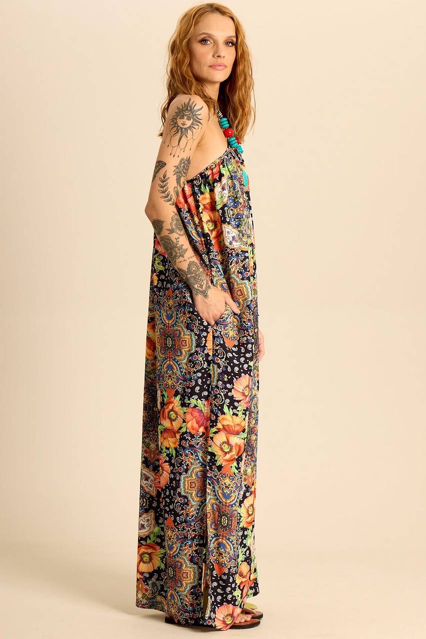 Vestido Longo Um Ombro Só Estampa Paisley Yacamim C11