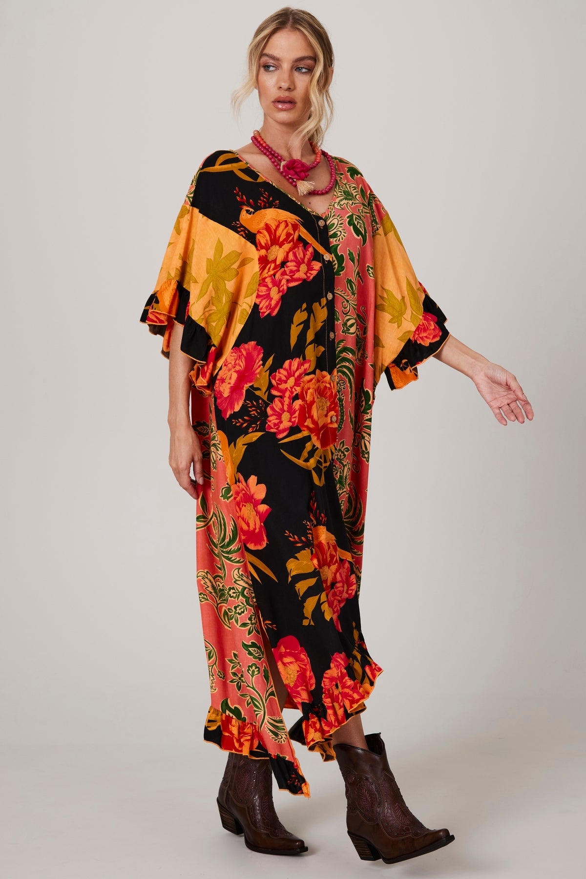Kaftan Amplo Laranja Estampado Patchwork Yacamim J6