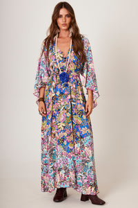 Vestido Longo Com Mangas 3/4 Azul Estampado Patchwork Yacamim D28