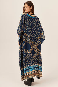 Kaftan Amplo Com Decote Azul Paisley Yacamim J8