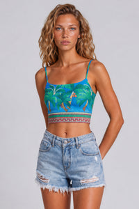 Cropped De Alças Reguláveis Azul Estampado Coleção Manacá Yacamim F13