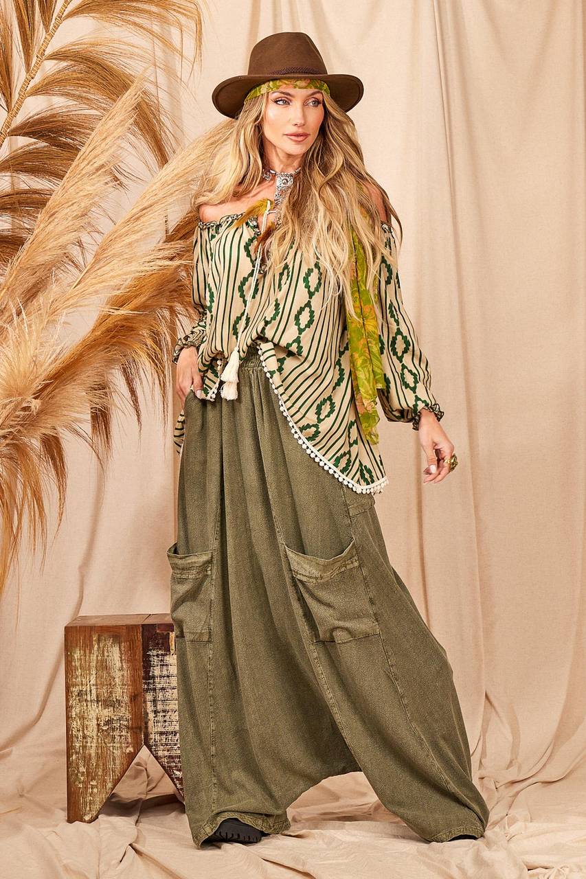 Calça Saruel Com Bolsos Verde Estonado Yacamim H10