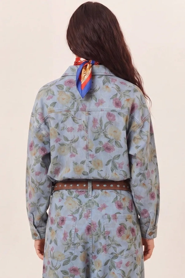 Camisa Jeans Com Botões Em Ouro Velho Azul Estampa Floral Yacamim A16