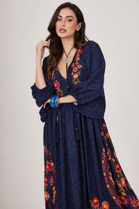 Vestido Longo Azul Marinho Estampa Cashmere Yacamim C11
