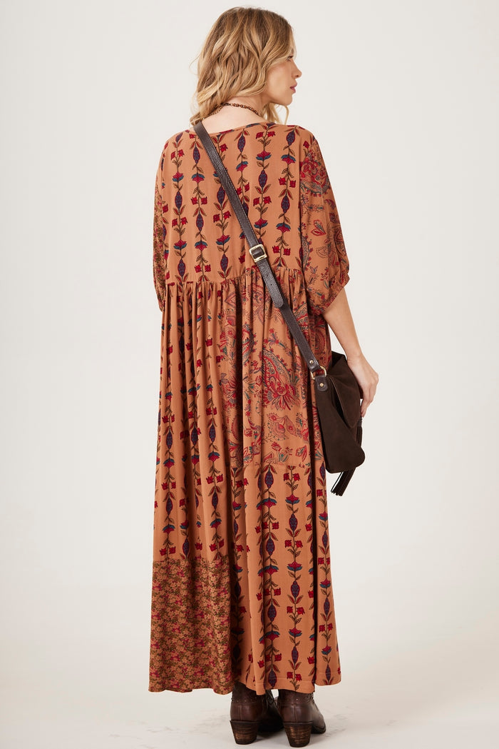 Vestido Longo Estampado Marrom patchwork Yacamim E2