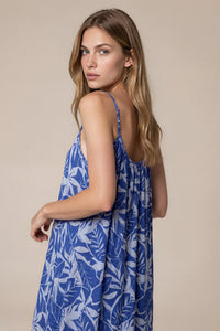 Vestido Longo Com Alças Reguláveis Azul Estampado Patchwork Yacamim D31