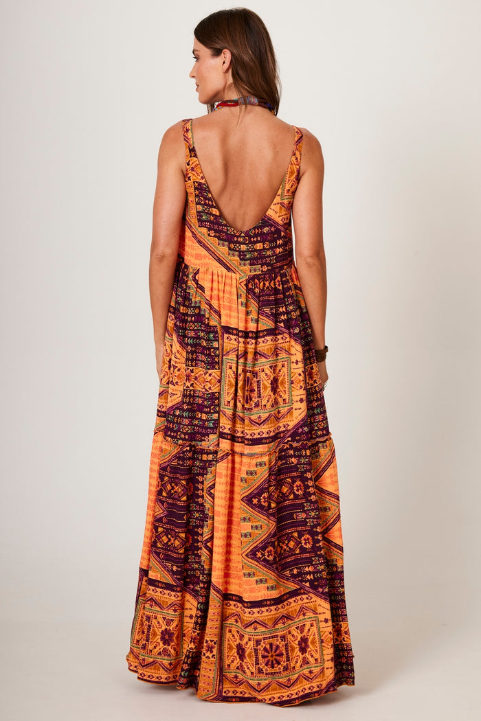 Vestido Longo De Alças Largas Laranja Estampa Geométrica Yacamim E1