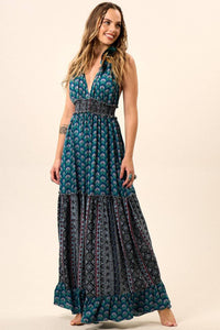 Vestido Longo Com Decote Cortininha E Lastex Azul Escuro Patchwork Yacamim D20