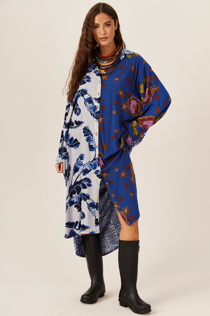 Chemise Longa Azul Claro E Escuro Patchwork Yacamim M4