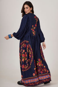 Vestido Longo Azul Marinho Estampa Cashmere Yacamim C11