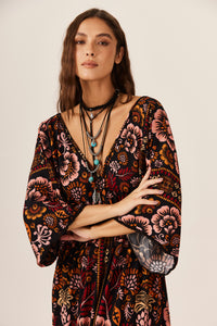 Vestido Longo Com Lastex Preto Estampado Yacamim C18