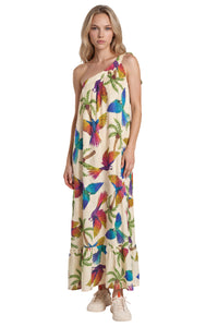 Vestido Longo De Um Ombro Só Bege Estampado Yacamim C4