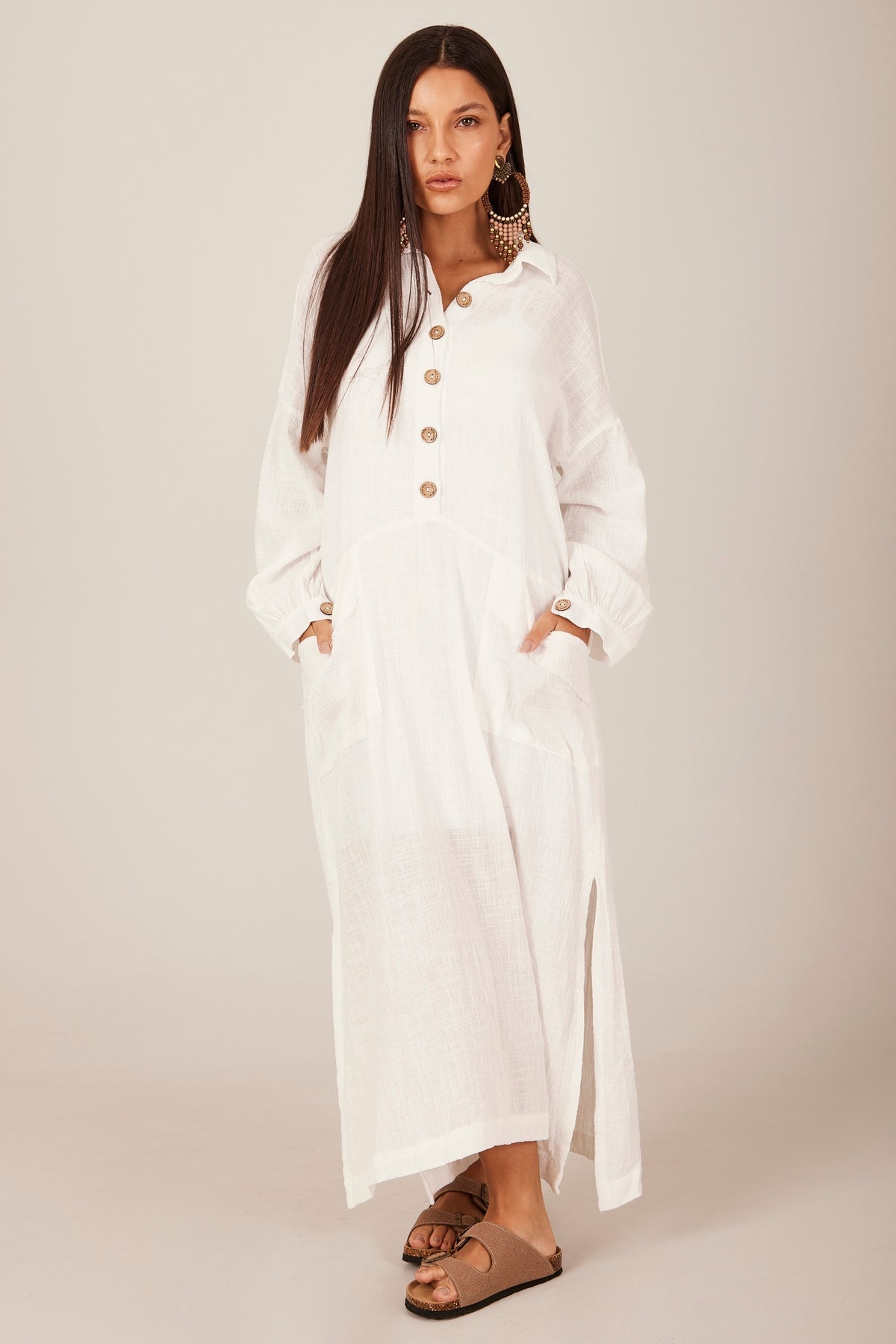 Vestido Midi Mangas Longas Fendas Branco Yacamim M1 Liso
