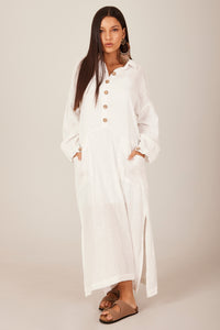 Vestido Midi Mangas Longas Fendas Branco Yacamim M1 Liso