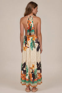 Vestido Longo Com Decote Cortininha Bege Estampado Coleção Manacá Yacamim E20