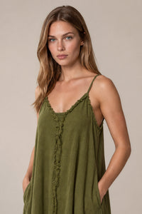 Vestido Longo Aragem Com Bolsos Laterais Verde Escuro Yacamim D22