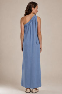 Vestido Longo Viscolinho Alça Transversal Azul Petróleo Yacamim C22