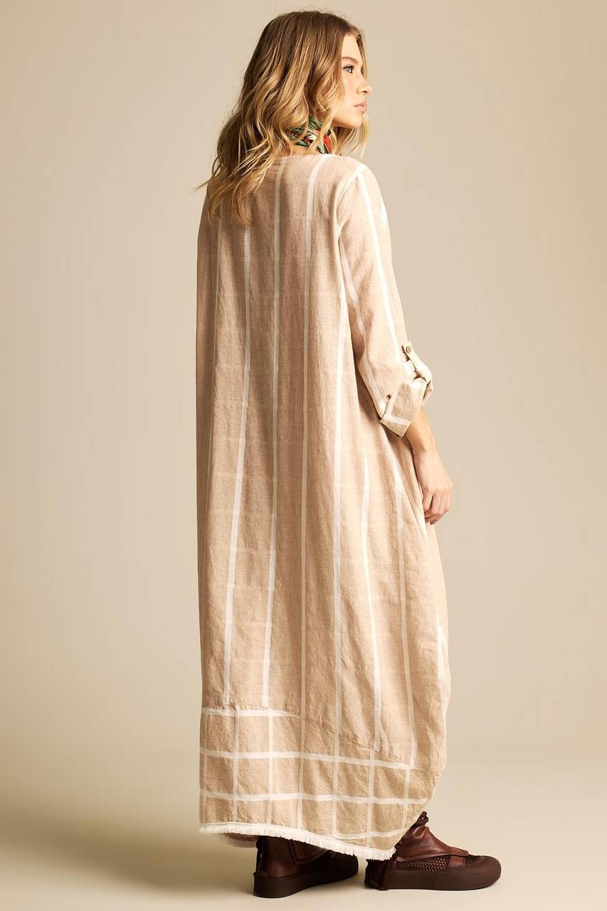 Vestido Longo De Linho Bege Listrado Yacamim C7